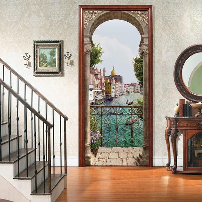 3D Door Stickers Murals - Landscape - Peel and Stick - Waterproof & Washable - Matt Finish - Modern Style - White - 35.4" x 78.7" - 2 Pieces