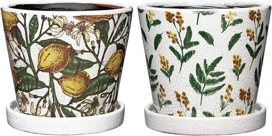 5.5 Inch Decorative Plant Pots, Round Ceramic Planters for Indoor Plants Pots with Drainage Hole Saucers, Lemon Green Leaves Ceramic Flower Pots Retro Planter Pot for Succulents Cactus Outdoor Garden