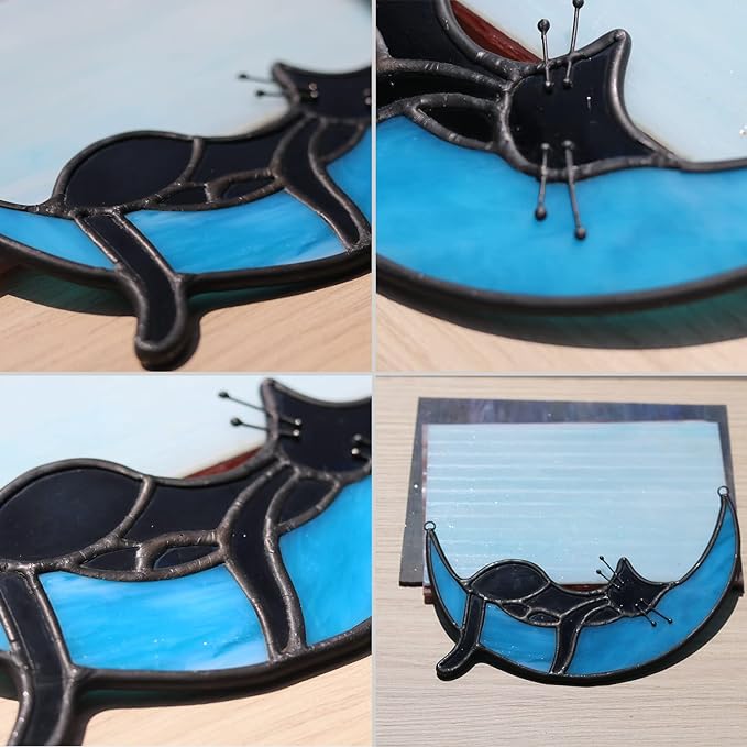 BOXCASA Sleeping Cat Stained Glass Windown Hanging,Black Cat on Moon Beautiful Handcrafted Sun Catcher Gifts for Daughter,Mothers Day,Christmas and Cat Lover