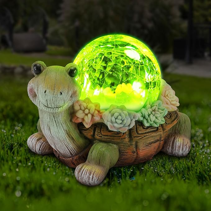 Solar Turtle Garden Statue Lights for Outdoor Decor with Cracked Glass LED Figurine Lighting Resin Succulent Tortoise Decorations Patio Lawn Yard Housewarming Mom Gifts