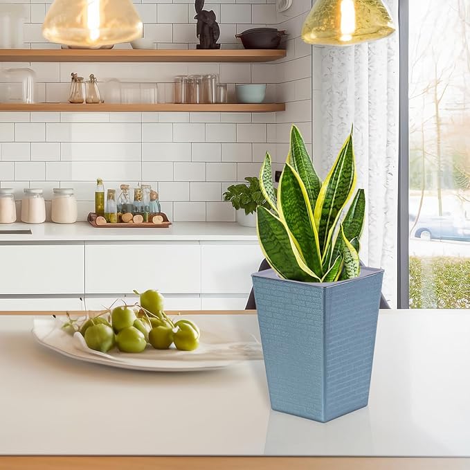 2 Pieces 6 Inch Self Watering Planter, Plastic Flower Pots with Inner Pot Indoor Plants Brick Pattern Flowerpot for Indoor Plants, African Violets, Flowers, Herbs (Antique Silver)