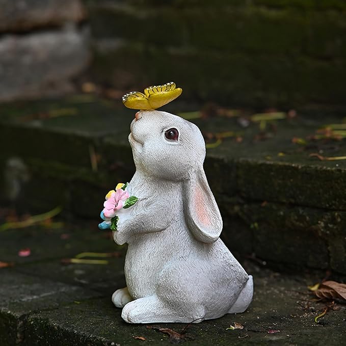 Solar Rabbit Outdoor Statues Garden Decor with Butterfly LED Lights Bunny Statue Easter Decor for Patio Balcony Yard Lawn Ornament, Birthday Mother Day Gardening Gifts for Mom Grandma Women