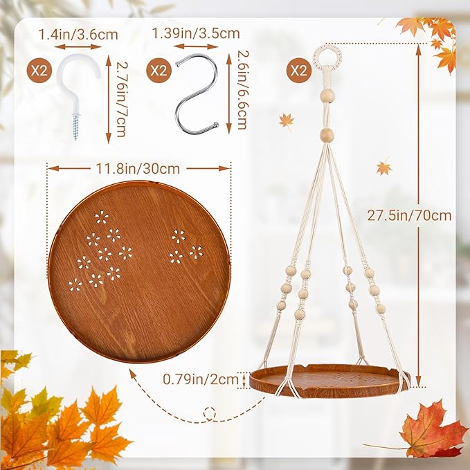 SUREAM 2 Packs Hanging Planters Holder, Hanging Plant shelf with Wood Beads and Wood Tray for Indoor Outdoor Boho Home Decor, Ceiling Plant Hangers for Garden, Wall, Porch, Patio, Balcony, and Window