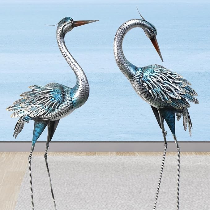 Crane Decor Statues, Blue Heron Garden Statues Metal Yard Art Outdoor Decoy, Garden Sculptures & Statues for Yard/Lawn/Pond/Outdoor Decoration, Set of 2