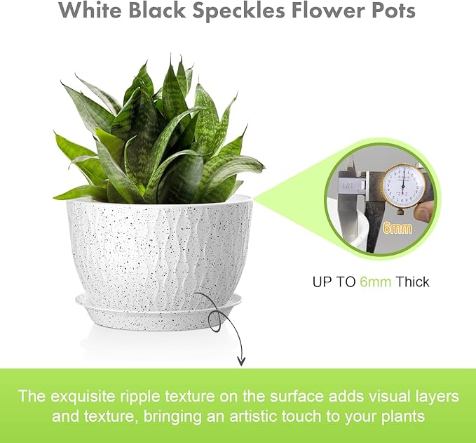 12/10/9 inch Large Flower Pots, 3 Set Big Plant Pots for Outdoor Indoor Plants with Water Ripples, Wide Plastic Planters with Drainage Holes and Saucers for Garden House Plants, Speckled White