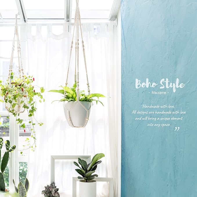 Mkono 3 Pack Macrame Plant Hangers Indoor Different Size Hanging Planter Basket Flower Pot Holder with Beads No Tasselss 43"/35"/29", Large, Ivory