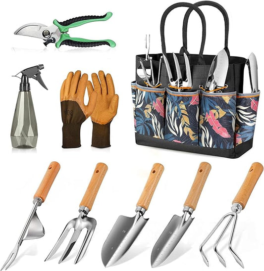 Gardening Tools 9-Piece Heavy Duty Gardening Hand Tools with Fashion and Durable Garden Tools Organizer Handbag,Rust-Proof Garden Tool Set, Ideal Gardening Gifts for Women