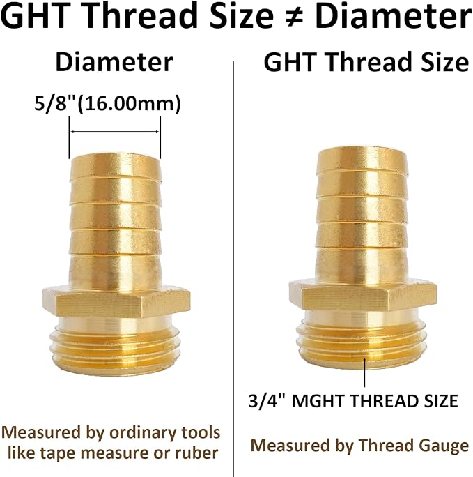 2Pcs 5/8" Barb x 3/4" Male GHT Thread Hex Brass Garden Water Hose Pipe Connector Copper Fitting with Stainless Clamp House/Boat/Lawn/Power Wash/Irrigation