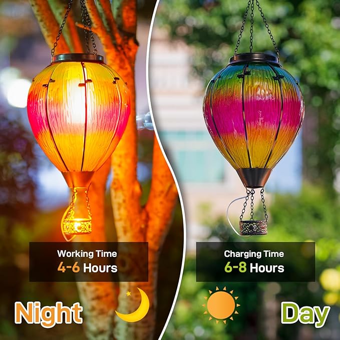 Large Solar Hot Air Balloon Lantern with Flame, Colorful Glass Hanging Balloon Lanterns Outdoor Waterproof Garden Decor for Yard Patio, Birthday Mother's Day Gifts for Women Mom