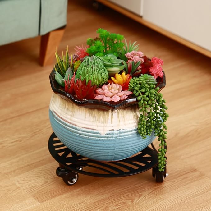 2 Packs Metal Plant Caddy with Wheels 13” Heavy-duty Wrought Iron Rolling Plant Stands with Casters Indoor and Outdoor Plant Pot Roller Base Plant Saucer Movers Black, Strong Load Capacity