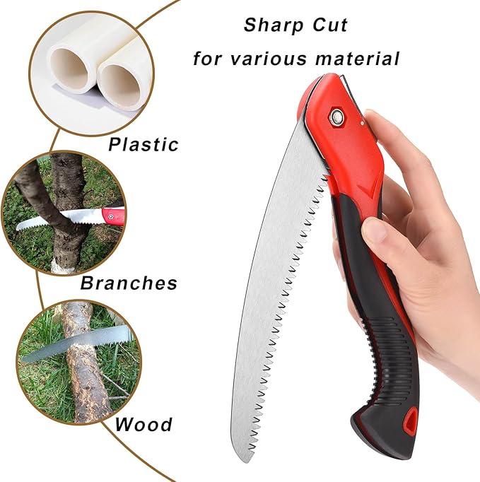 8 Inch Heavy Duty Pruning Saw, Folding Hand Saw with SK5 Curved Blade, Triple-cut Razor Teeth Used for Trees Wood Cutting Camping Gardening Work, Hiking, Landscaping, Tree Trimming