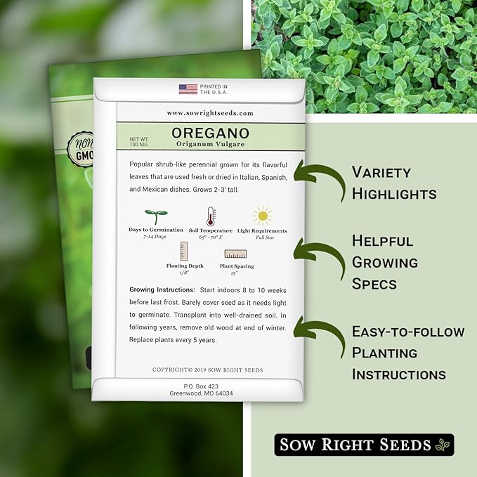 Sow Right Seeds - Oregano Seed for Planting - Non-GMO Heirloom- Instructions to Plant and Grow a Kitchen Herb Garden - Indoor or Outdoor - Gardening Gift - Produces Flavorful Leaves for Seasoning (2)