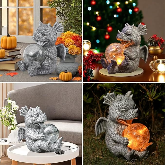 Solar Dragon Outdoor Statue Cute Baby Dragon Holding Glowing Glass Orb Resin Garden Decoration for Porch Patio Lawn Yard Perfect Housewarming Gift