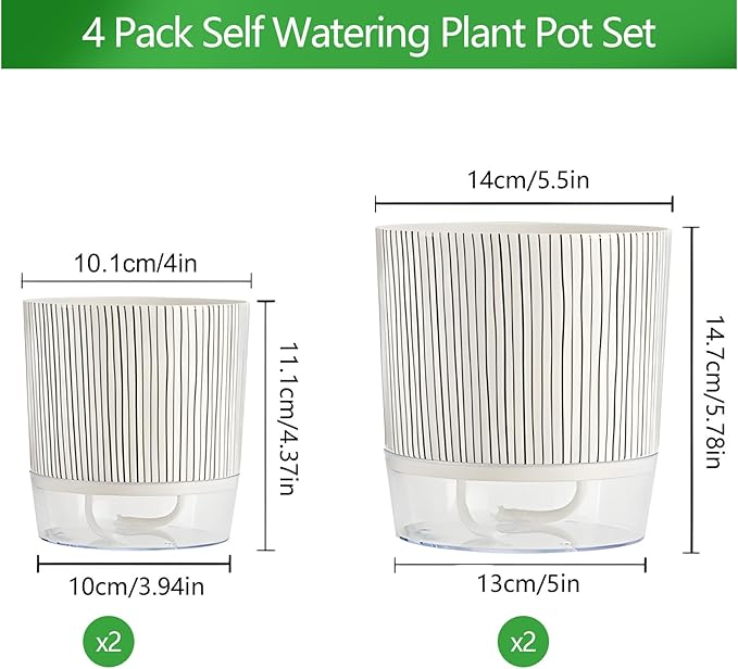 4 Pack Self Watering Pots Set, 4+5.5 Inch Self Watering Pots for Indoor Plants, Planter Pot with Wick Rope and Reservoir for African Violet, Spider Plant, Orchid
