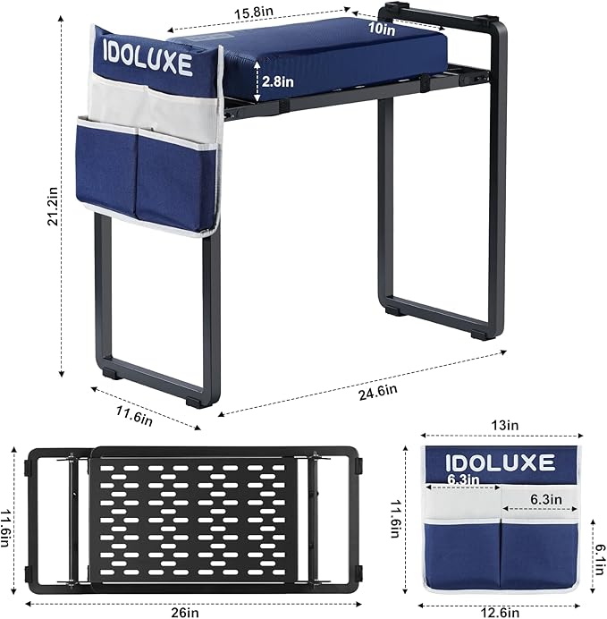 Foldable Garden Kneeler and Seat - 350 Lbs Heavy Duty Gardening Stool with Large Tool Bag, Thicker Wider Softer Kneeling Pad, Portable Garden Bench Gardening Gifts for Women, Seniors - Blue