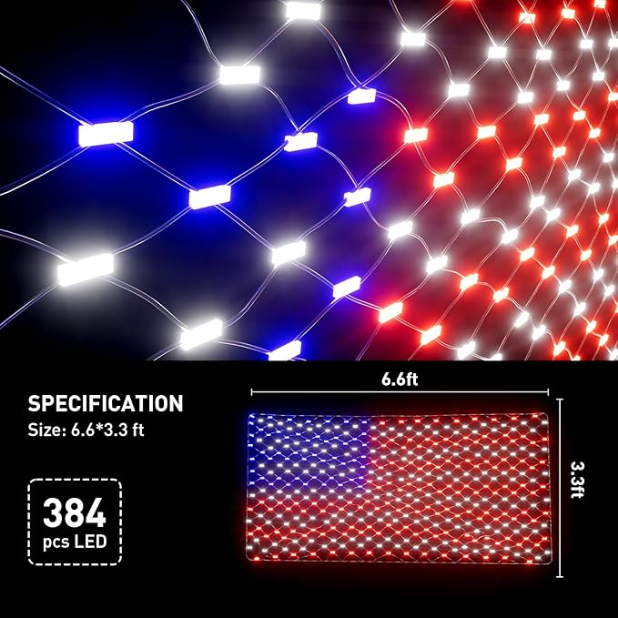 Leisure world 384 LED American Flag Net Lights for Outdoors, 6.6 FT x 3.3 FT Light Up American Flag, American Led Flag Patriotic Lights for Camper, Yard, Garden Memorial Day, Christmas Decorations