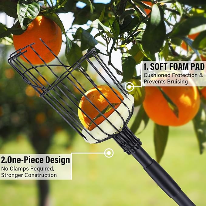 Fruit Picker Pole Tool with Basket, 9.6 FT (116 Inch) Adjustable Fruit Grabber Reacher Tool Long Handle Fruit Catcher for Apple Lemon Pear Citrus Mango Tree Gardening Supplies, Black