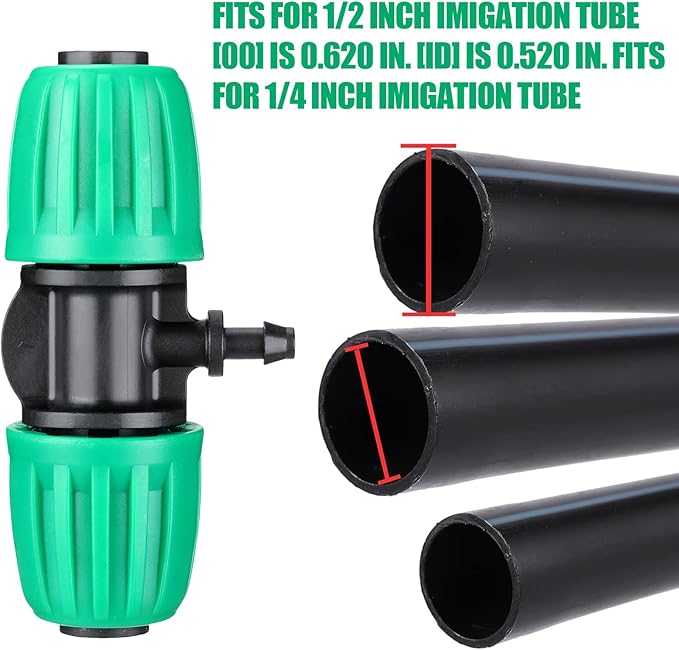 Frienda 40 Pcs Barbed Tee 1/2 Inch Tubing (1/2" Idx0.6-0.63" Od) 16mm to 1/4 Inch Irrigation Tube Fittings Drip Irrigation Parts Anti Drop Locked Reducing Tee for Drip Hose, Green
