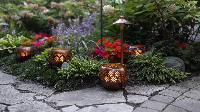 Original Solar Fire Bowl 8” (2-Pack) Decorative Metal Solar Patio Light with Flickering Flame, Waterproof Dusk-to-Dawn Garden Lantern in Bronze/Copper
