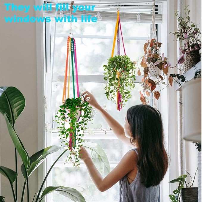 Rainbow Colorful Macrame Plant Hanger with 4 Hooks, Hanging Plant Holder Indoor Outdoor, Handmade Cotton Rope for Boho Room Decor Hanging Ceiling Decor，2 Pack