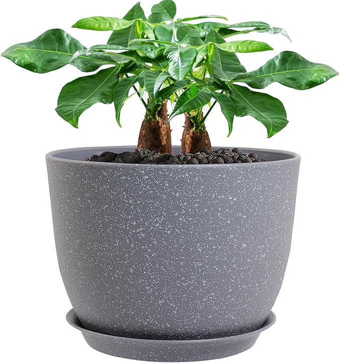 12inch Large Plant Pot, Modern Plastic Planter with High Driange Holes and Saucer for Indoor Outdoor Garden Plants and Flowers, Grey Speckles
