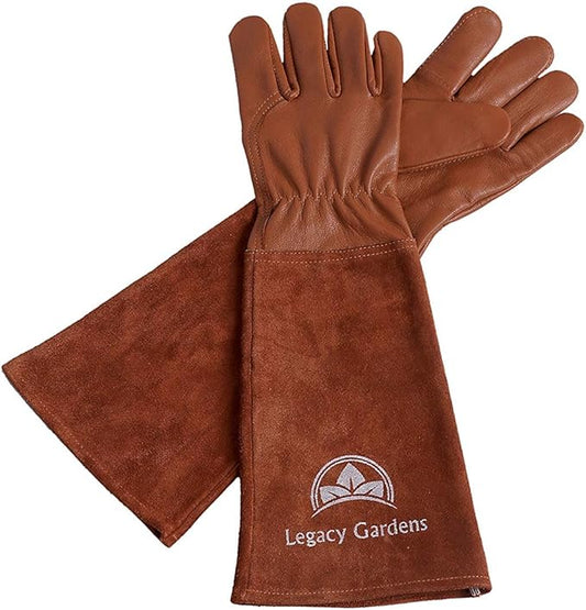 Thorn Resistant Leather Gardening Gloves for Men & Women – Long Gauntlet Rose Pruning Gloves with Forearm Protection for Pruning and Yard Work - Small Brown