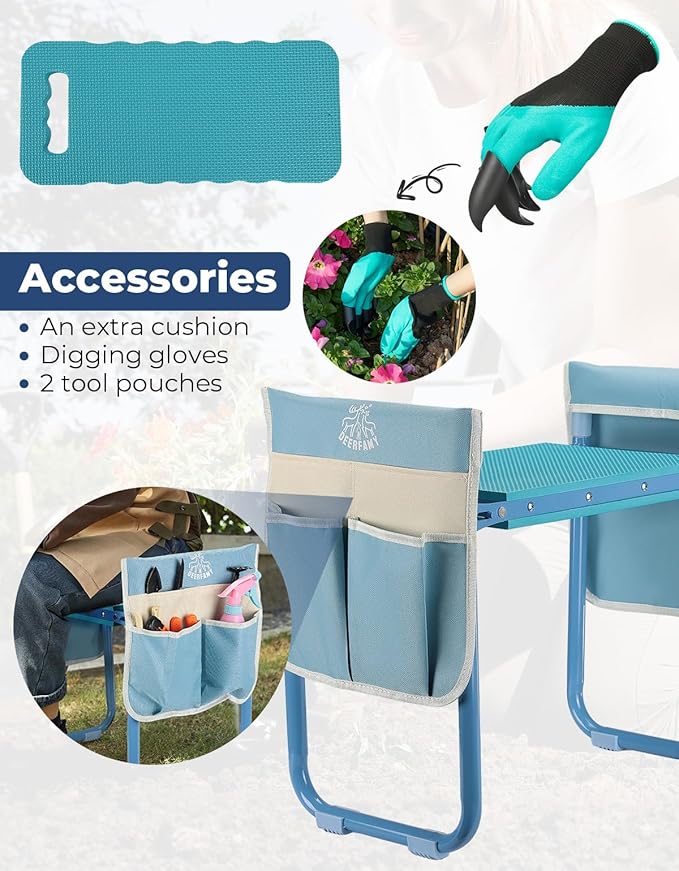 DEERFAMY Garden Stool 10.2" Width, Garden Kneeler and Seat Load Cap 350 lbs, Gardening Gift Heavy Duty with Extra Kneeling Pad, 2 Tool Pouches, Claw Gloves, Blue