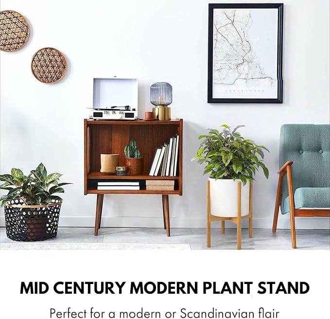 Fox & Fern Bamboo Plant Stand — 10 Inch Fixed Size Mid Century Plant Stand for Indoor Planters; Raised Flower Pot Holder for Indoors; Plug In Design; Two Height Options; Easy to Assemble - Bamboo