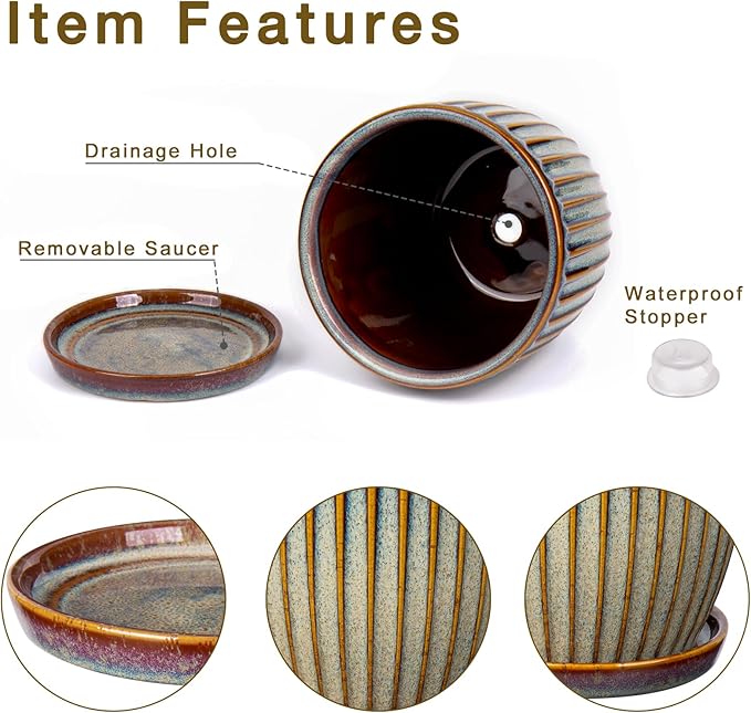 Oairse Ceramic Pots for Indoor Plants, 4.9 +5.7 inch Pots for Plants Set of 2 Brown Plant Pots with Drainage Holes and Saucers Texture Ceramic Planters Indoor Outdoor Flower Pots for Succulent