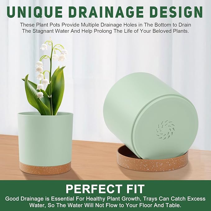 Plant Pots – 7/6.5/6/5/4 Inch Plastic Planters with Drainage Holes and Saucers, Flower Pots for Indoor and Outdoor Plants (Green)