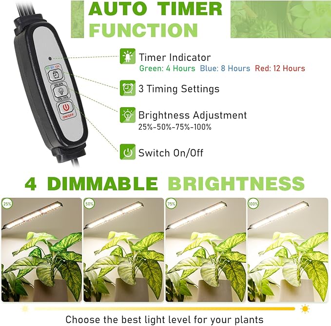 FOXGARDEN® Grow Lights Full Spectrum, Four-Head Plant Lights for Indoor Growing with Flexible Gooseneck, 208 LEDs Clip Grow Lamp with 4/8/12H Timer, 4 Brightness Levels, Ideal for Indoor Growth