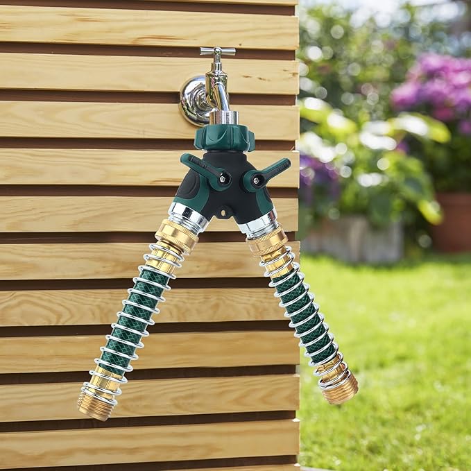 Hose Splitter, Garden Hose Splitter 2 Way Heavy Duty,3/4" Spigot Adapter Connector with 2 Kink Free Faucet Extension Hose Protector 6 Rubber Washers and PTEP Tape for Drip Irrigation, Lawns