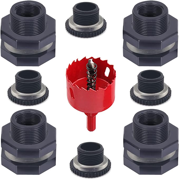 4 PCS Rain Barrel Bulkhead Fitting kit with Plugs and Hole Saw Tool, 3/4" (Inside Diameter is About 25mm) PVC Spigot Connector Kit for Rain Barrels Pools Aquariums (25mm ID Bulkhead 3/4")