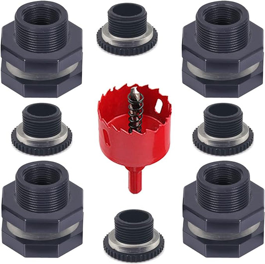 4 PCS Rain Barrel Bulkhead Fitting kit with Plugs and Hole Saw Tool, 3/4" (Inside Diameter is About 25mm) PVC Spigot Connector Kit for Rain Barrels Pools Aquariums (25mm ID Bulkhead 3/4")
