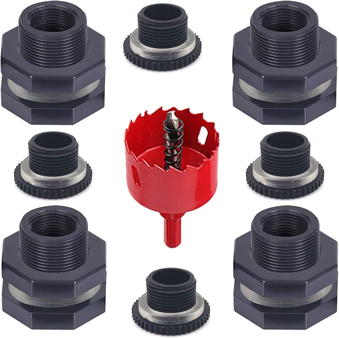 4 PCS Rain Barrel Bulkhead Fitting kit with Plugs and Hole Saw Tool, 1" (Inside Diameter is About 32mm) PVC Spigot Connector Kit for Rain Barrels Pools Aquariums (32mm ID Bulkhead 1")