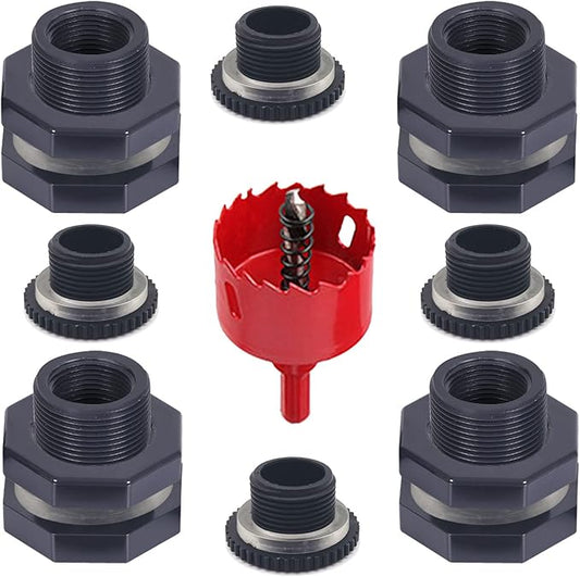 4 PCS Rain Barrel Bulkhead Fitting kit with Plugs and Hole Saw Tool, 1" (Inside Diameter is About 32mm) PVC Spigot Connector Kit for Rain Barrels Pools Aquariums (32mm ID Bulkhead 1")