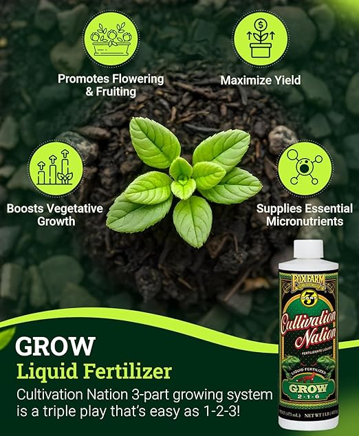 FoxFarm Cultivation Nation Grow Fertilizer - Formula for Optimal Vegetative Growth, Perfect for Soil, Soilless Media, Hydroponics & Aeroponics - Part 1 of 3-Part Feeding Program- NPK 2-1-6 (Pint)
