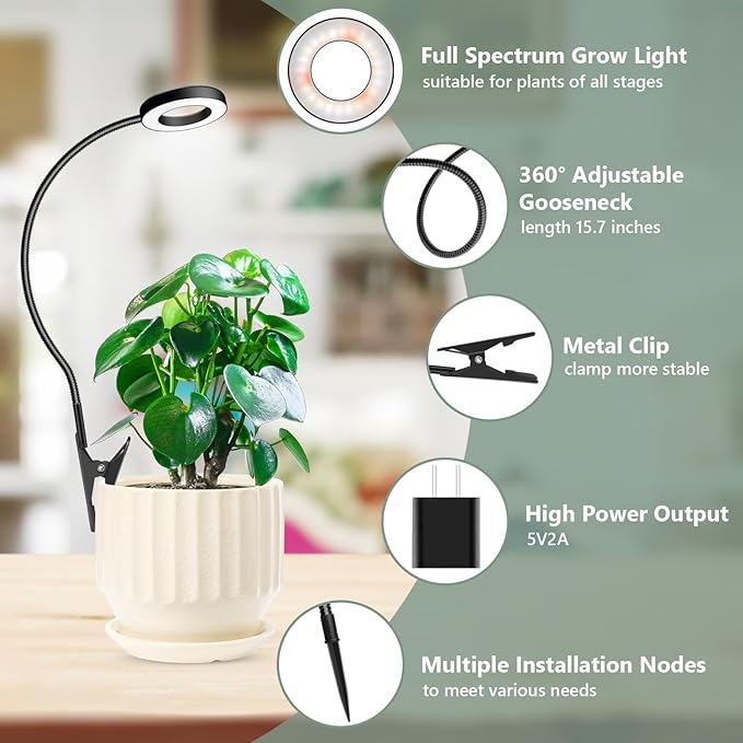 Clip on Grow Light, 6000K Plant Lights for Growing Small Plants, Full Spectrum Grow Lights for Indoor Plants 2 Installation Options, Black Halo LED Grow Lamp with 6/12/16H Timer