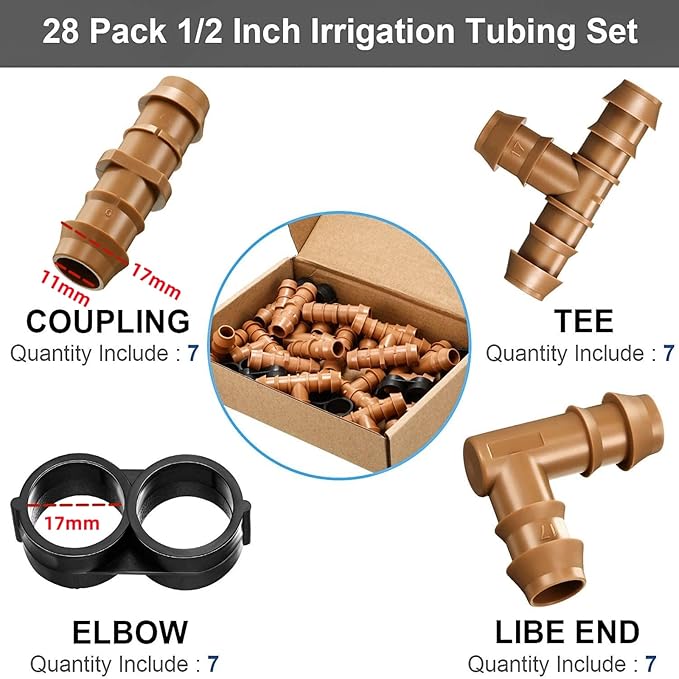 Boao 28 Pcs Drip Irrigation Fittings Kit Irrigation Parts for 1/2 Inch Connectors Including 7 Tees 7 Couplings 7 Elbows and 7 End Cap for Drip or Sprinkler Systems