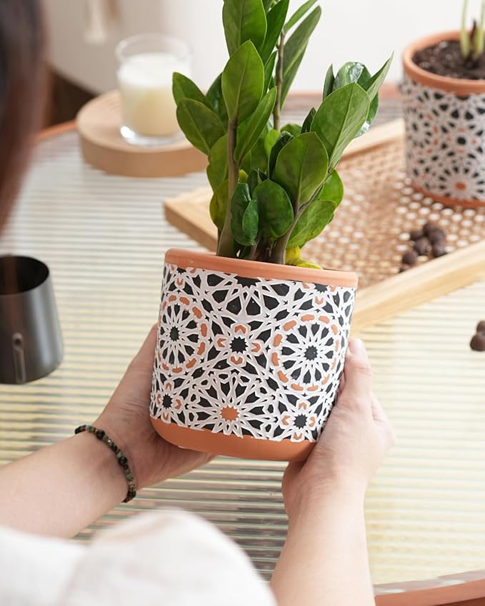 Ceramic Flower Pots for Indoor Plants Set of 2, 5 Inch Boho Plant Pot with Drainage Holes,Modern Planter for Decora Succulents/Snake Plant/Orchid/Peace Lily/House Plants,Terracotta