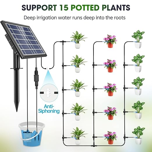Drip Irrigation System - Skycow Solar & USB Power Automatic Drip Irrigation Kit System 15 Potted Indoor Outdoor Garden Balcony Anti-Siphoning Plant Watering System 25 Timing Mode (Digital Screen)