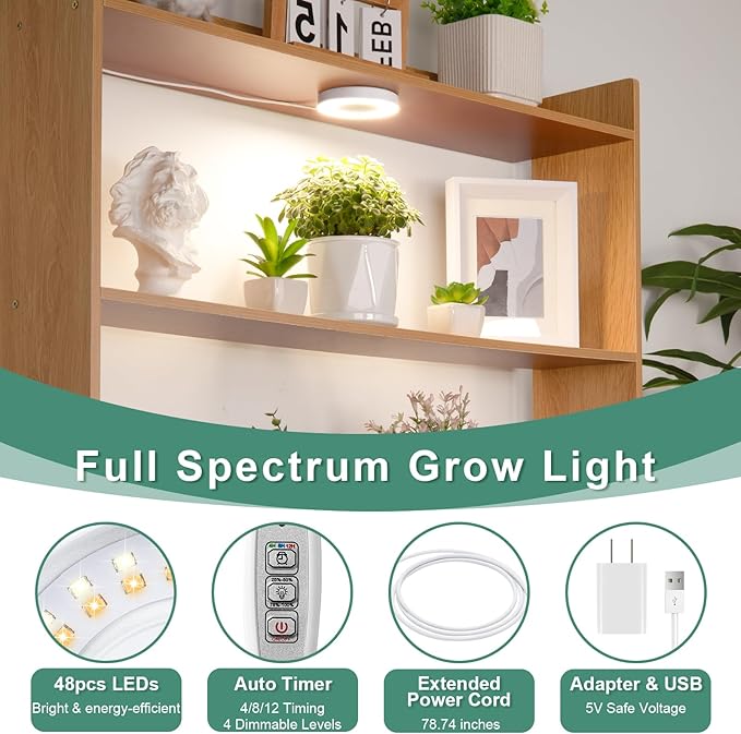 LORDEM Grow Light for Indoor Plants, 48 LEDs Ceiling Full Spectrum Plant Light, 5V Corded Growing Lamp with 4/8/12H Auto Switch, 4 Dimmable Brightness Levels, Ideal for Small Plants