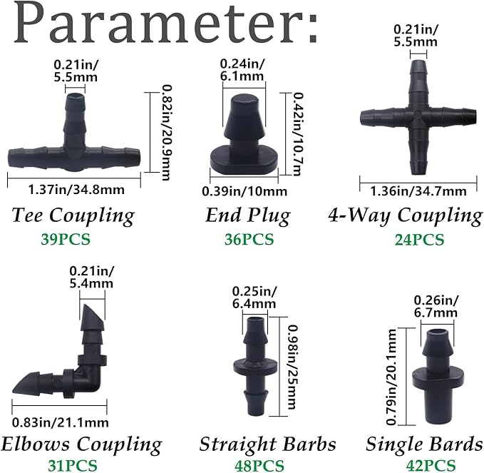220PCS 1/4" Drip Irrigation Kit Barbed Connectors, Straight Barb, Tee, Single Barb, End Plug, Elbow, 4 Way Coupling Irrigation Fittings for Garden Lawn Flower Pot