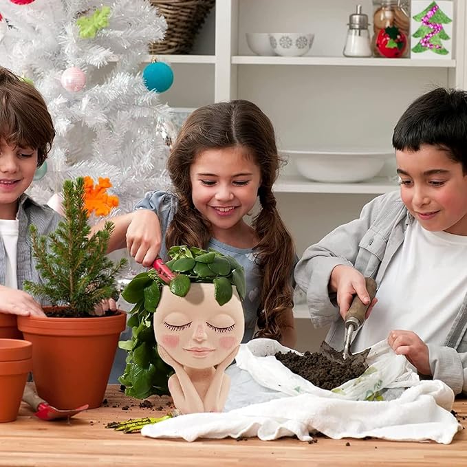 Solar-Face Flower Pot Head Planter Pots - LED String Lights Warterproof Resin Succulent Cactus Planters Pots with Drainage Hole Cute Lady Closed Eyes Indoor Outdoor Garden Decor (Large)