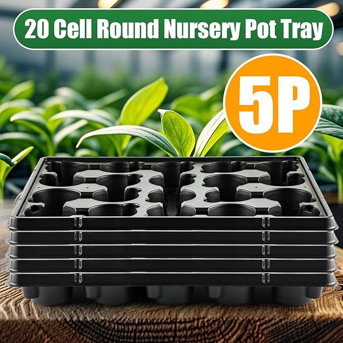 20 Cell Plant Trays for Carrying 3 inch Round Nursery Pots, Sturdy Plastic Trays Suitable for Holding 100 pcs Peat Pots (5 Packs)