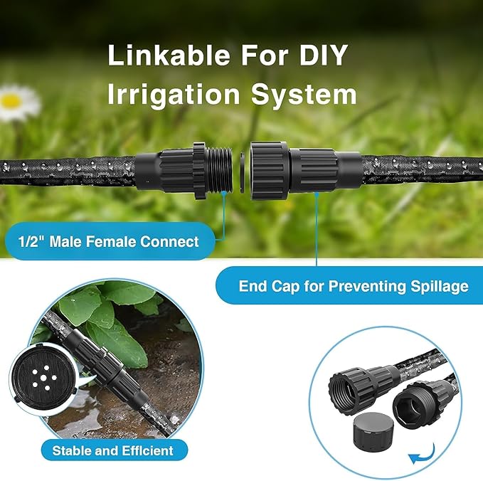 Flat Garden Soaker hose 25ft,Drip irrigation hose for garden beds,water hose with holes for flower beds,Saves 80% water.