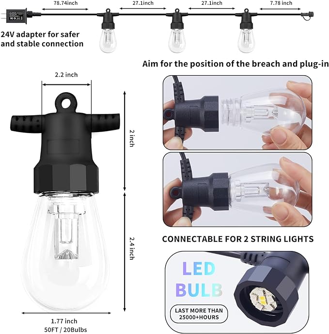 Outdoor String Lights 50FT, Outdoor Lights for Patio with 20 Dimmable RGBW LED Bulbs, IP66 Waterproof Shatterproof, with APP Control & Remote, 24V Adapter Color Change,for Backyard Decor