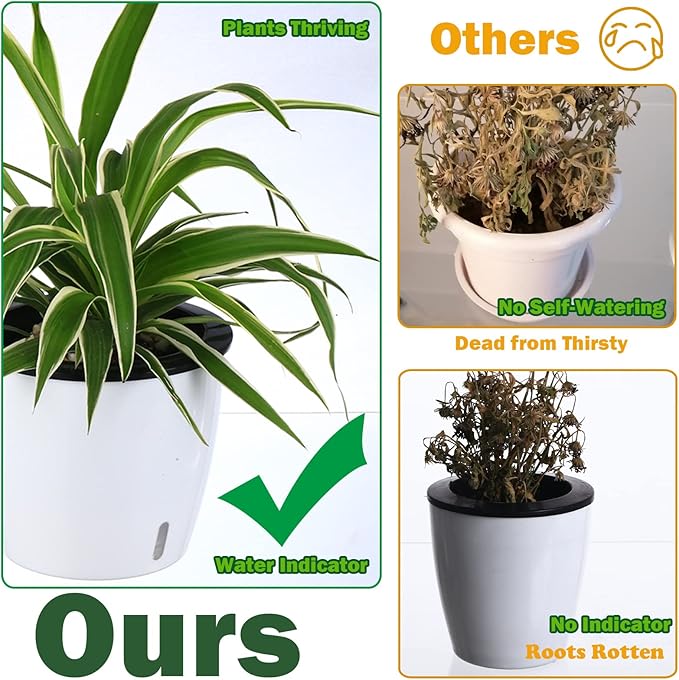 Planterhoma 6.7 Inch Self Watering Pots for Indoor Plants, 6 Packs White African Violet Pots with Water Indicator and Black Wick Pots, Self Watering Planters for Devil's Ivy, Indoor Plant Pots