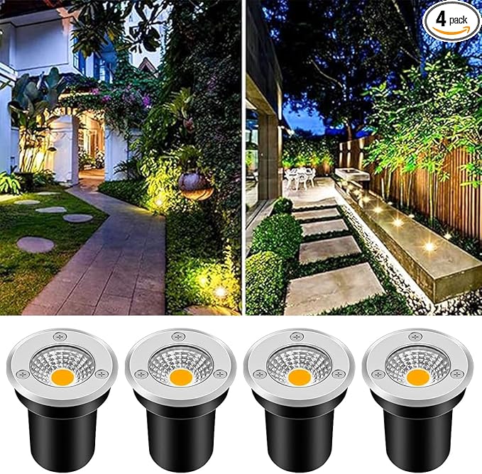ZUCKEO 4Pack Low Voltage Landscape Lights 3W LED Outdoor Well Lights 12V 24V In Ground Spotlights with Connectors for Indoor Outdoor Step Deck Yard Garden Patio,Warm White