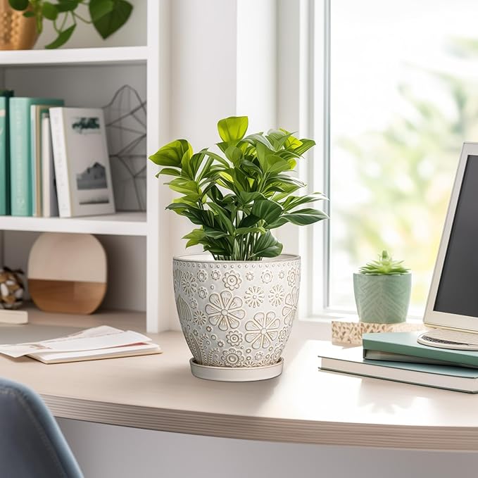 6 Inch Plant Pot with Drainage Hole and Saucer Ceramic Planter for Indoor Plant Flower Pot for Orchid Succulents Plants White